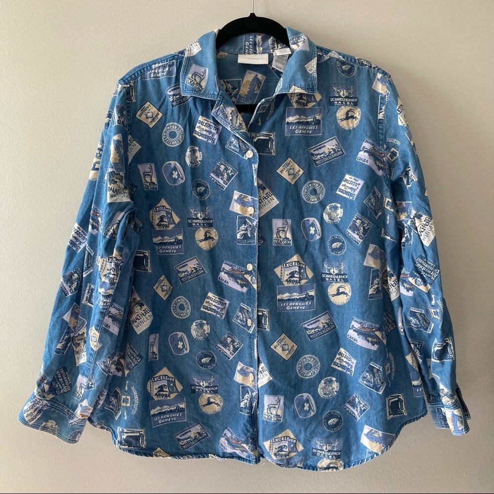 Liz Claiborne Vintage Novelty Print Button Down Jacket Size 16W Switzerland